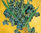 文森特威廉梵高 - 静物，黄背景衬托的花瓶里的鸢尾花